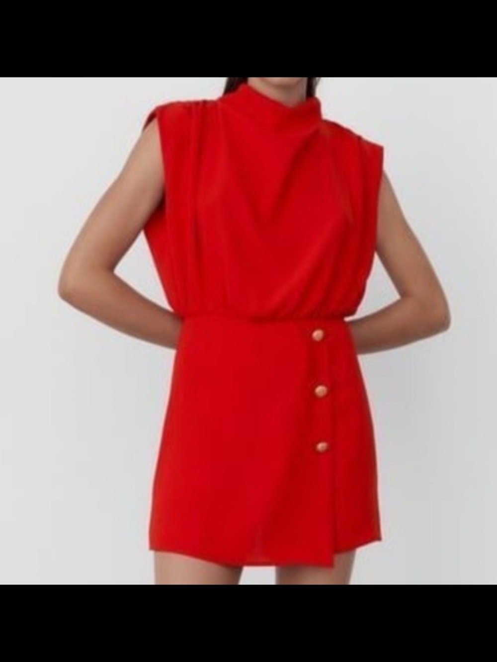 Red Sleeveless Mock-Neck Skort Romper with Button Detail